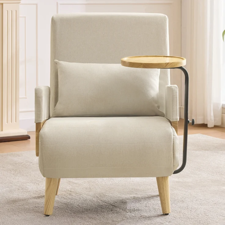 Verstellbarer Loungesessel mit 360° Holztablett, Leinen, 88x74,5x66 cm, Beige – Bild 4