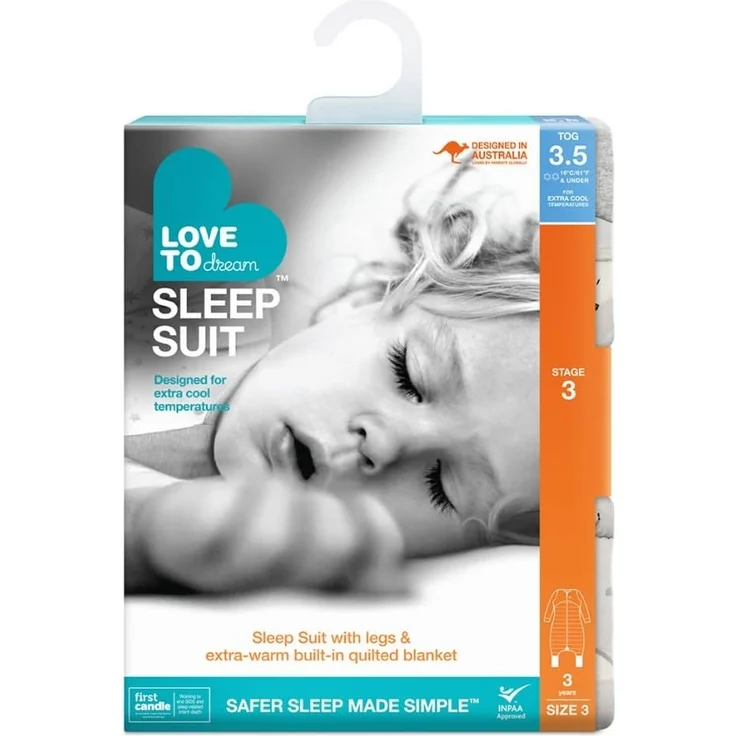 Love To Dream Schlafanzug, extra warm, 3–4 Jahre, grau, 3,5 Tog für Kälte (unter 16 °C), Lange Ärmel, integrierte Steppdecke, maschinenwaschbares Baumwollvlies, für Bewegung mit Anti-Rutsch-Pads – Bild 7