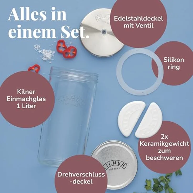Kilner Fermentier Set / 1 Liter Glas mit Gärungsdeckel/einfaches Haltbarmachen von Gemüse/Fermentieren Starter Set/Konservieren von Gemüse, wie Sauerkraut und Kimchi/Einmachglas 1l – Bild 7