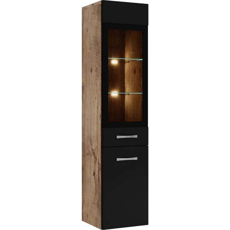 Badezimmer Schrank Rio 131 cm Eiche Kastanie mit Schwarz – Regal Schrank Hochschrank Schrank Möbel Badschrank
