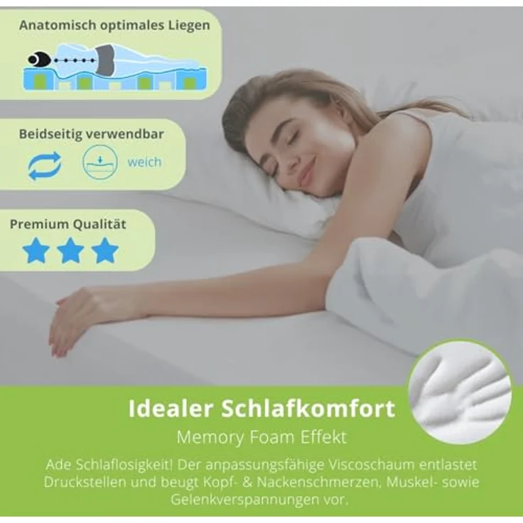 sleepling ergonomischer Viscoschaum Topper, 80 x 200 cm, für alle Matratzen, weiß, allergikergeeignet, 6 cm Höhe – Bild 3