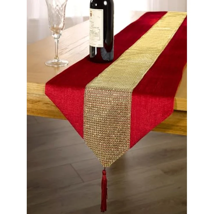 Emma Barclay ECLAT Tischläufer mit glitzernden Quasten, 33x183 cm, Rot und goldfarben – Bild 2