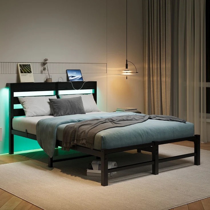 Homerecommend Schwebebettrahmen Metallbett 140x190 cm, ohne Kopfteil, für Schlafzimmer & Jugendzimmer, mit RGB LED-Beleuchtung & USB-Ladestation, versteckte Stützfüße für visuellen Schwebe-Effekt, Vintage Schwarz – Bild 4