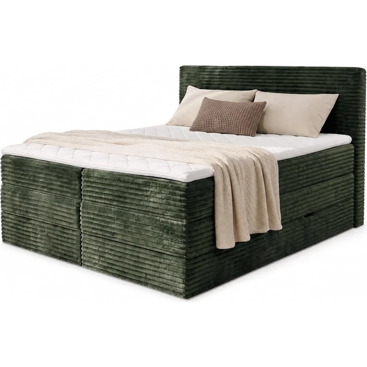 Boxspringbett Mollo XL mit 2 Bettkästen und Topper, mit Taschenfederkern- und Bonellfederkernmatratze, Doppelbett, Polsterbett aus Cordstoff mit Stauraum (Grün (Tilia 39), 160 x 200 cm) – Bild 1