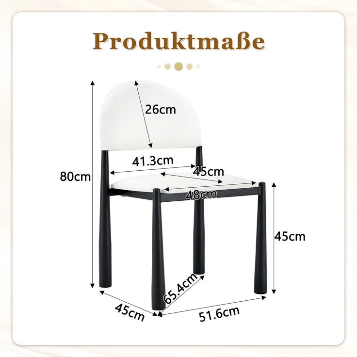 Rayofly-2er-Set Esszimmerstühle H80cm, PU-Leder, halbrunde Rückenlehne, Metallbeine, robust elegant, nur Stühle ohne Tisch,H 80.00cm x T 45.00cm x B 48.00cm,Weiß – Bild 4