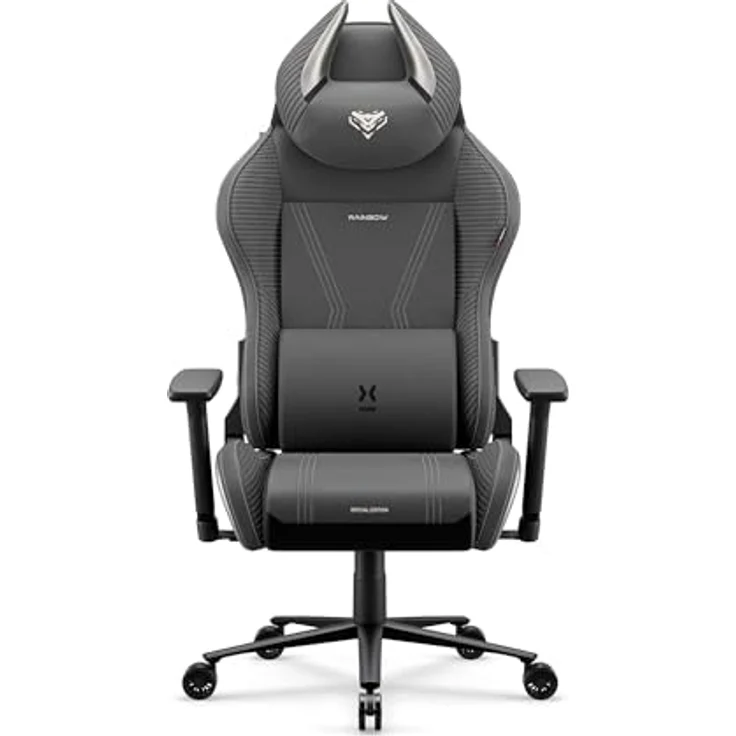 Diablo Gaming Stuhl ergonomisch Stoff Gaming Chair 140 kg belastbar Bürostuhl Gamer Stuhl mit 3D Armlehnen Lendenkissen Kopfkissen Wippfunktion Verstellbarer Rückenlehne Rainbow Grey – Bild 3