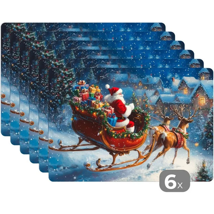 MuchoWow Platzset Weihnachtsmann - Rentier - Weihnachten - Schnee, (6-St), Platzsets, Tischset, Abwaschbar, Tischsets, Platzdeckchen