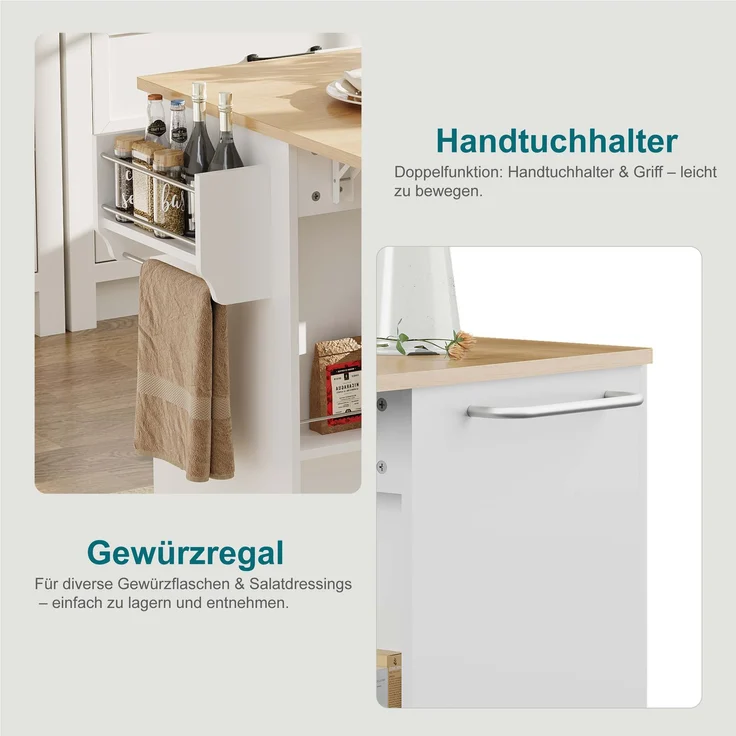 ZUBALIYA Küchenwagen 120 cm Arbeitsplatte – klappbare Arbeitsplatte, Schublade und 2 Schränke, 5 Rollen, 2 mit Bremse, Gewürzregal und Handtuchhalter, MDF, Weiß, Eichenoptik – Bild 5