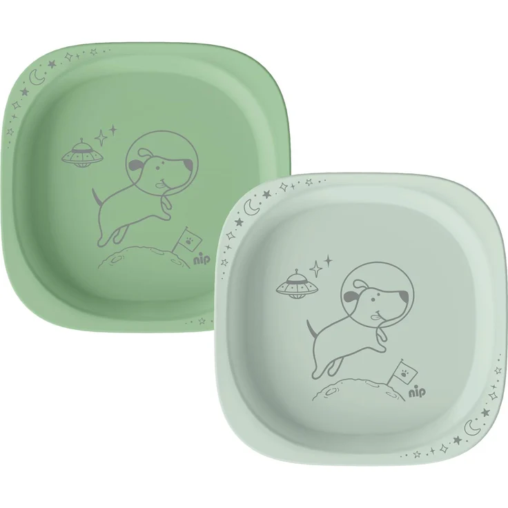 nip 2er Set Kinderteller ab 4 Monaten bruchfest stapelbar, hellgrün | ergonomische leichte Babyteller zum Essenlernen spülmaschinengeeignet mikrowellengeeignet Kindergeschirr für Camping & Alltag