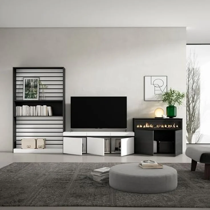 Skraut Home | Wohnwand Wohnzimmer | Wohnzimmermöbel, Möbelset | 360x186x35cm | Für TV-Geräte bis zu 65" | Elektrokamin. | Moderner Stil | Weiß und Schwarz – Bild 4