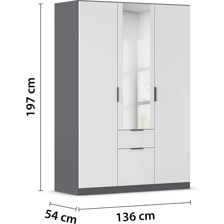 Rauch Möbel Glasgow Drehtürenschrank, Kleiderschrank, Schrank, Garderobe 3-türig, 1 Spiegeltüre, 2 Schubladen, Farbe Weiß/Grau metallic, Griffprofil Grau metallic, 136 x 197 x 54 cm – Bild 3