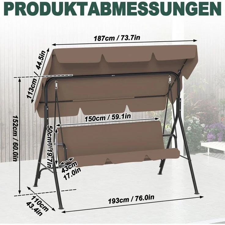 FIVMEN Hollywoodschaukel Gartenschaukel 3-Sitzer Gartenliege Schaukelbank Garten Schaukel, 193 x 110 x 152 cm, Metall Hängeschaukel mit Verstellbarem Sonnendach Liegefunktion – Bild 1