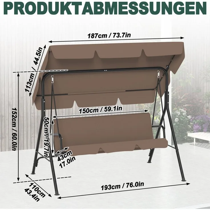 FIVMEN Hollywoodschaukel Gartenschaukel 3-Sitzer Gartenliege Schaukelbank Garten Schaukel, 193 x 110 x 152 cm, Metall Hängeschaukel mit Verstellbarem Sonnendach Liegefunktion