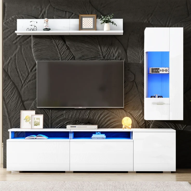 TV-Wohnwand 3-teilig 180x40x45 cm, Weiß Hochglanz mit LED, Vitrine und Wandregal – Bild 2