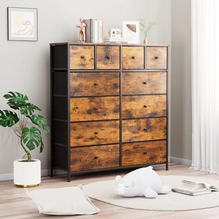 Clevich Stoff-Kommode, Schminktisch Schrank, Aufbewahrungsschrank, 12 Schubladen aus Stoff, Metallrahmen, industrieller Stil, für Wohnzimmer, Flur, Schlafzimmer (Retro braun+schwarz) – Bild 9