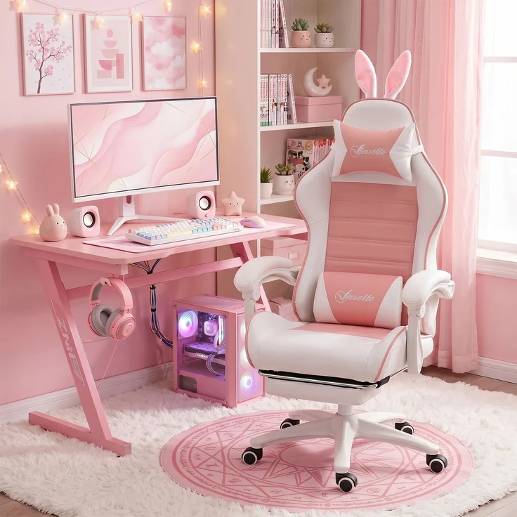 MELAYR, Gaming Stuhl Ergonomischer Gamer Stuhl mit Lendenwirbelstütze, 65 x 63 x 142 cm, Rosa – Bild 3