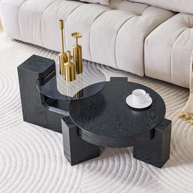 DESVIAE Couchtisch-Set 2-tlg. mit Sicherheitsglas, Ø61x30 cm, MDF in Schwarz Holzoptik – Bild 1