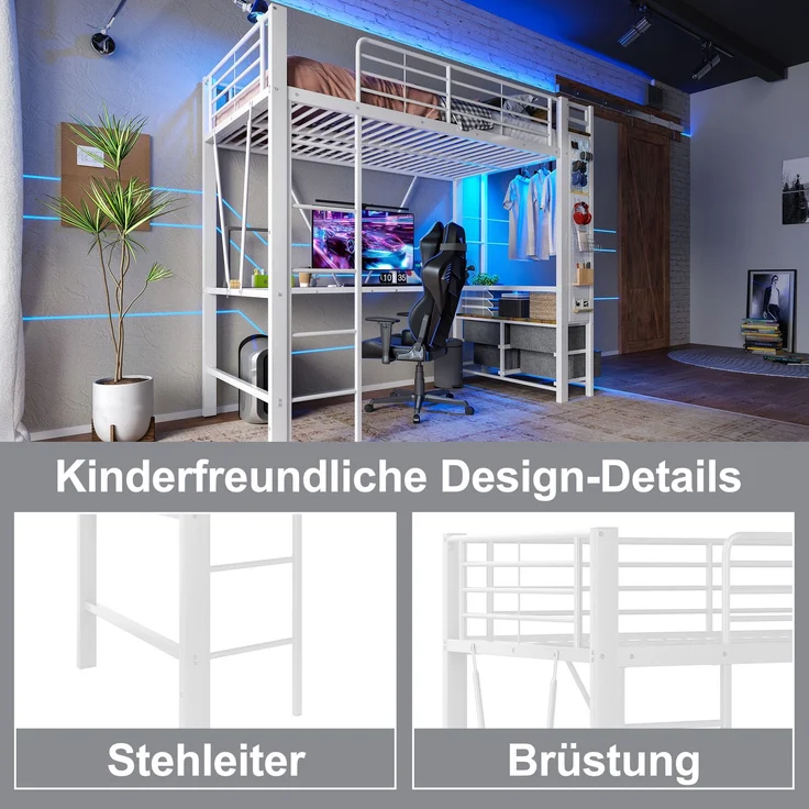 EINHOM Hochbett, 90 x 200 cm, Eisenrahmen mit Schreibtisch, mit Trockenstab, mit Einlegeböden, 4 Schubladen, mit USB + Typ-C Steckdose, LED-Leiste, Geländer, Trittleiter, mit Lochbrett, Weiß (Ohne Matratze) – Bild 6