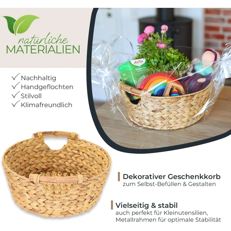 HMF Aufbewahrungskorb Präsentkorb, runder Aufbewahrungskorb mit Holzgriffen, geflochten aus, natürlicher Wasserhyazinthe, 30 x 12 cm – Bild 2