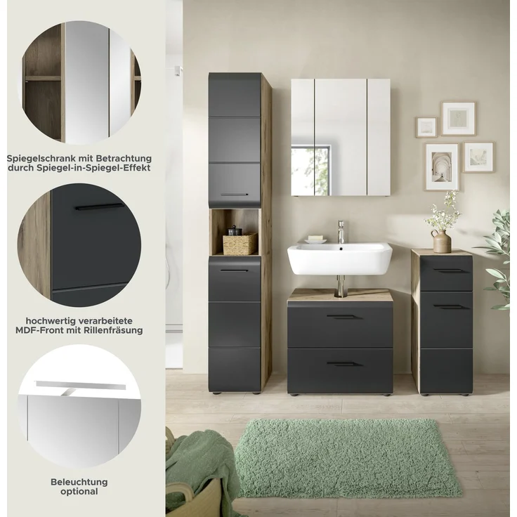 Badkombination (B/H/T: 150x185x30 cm) in schwarz matt und Nox Oak Nachbildung – Bild 8