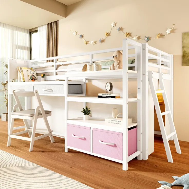 EINHOM Hochbett 90 x 200 cm mit Schreibtisch, Stauraum und Stoffschubladen, Kinderbett aus Metall mit Vorhang, mehrschichtigem Regal und LED-Licht, Weiß (Ohne Matratze)