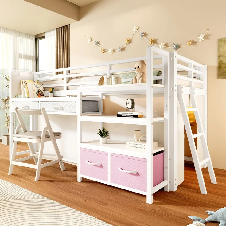 EINHOM Hochbett 90 x 200 cm mit Schreibtisch, Stauraum und Stoffschubladen, Kinderbett aus Metall mit Vorhang, mehrschichtigem Regal und LED-Licht, Weiß (Ohne Matratze) – Bild 1