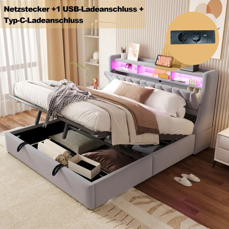 U-life Polsterbett 180x200 cm, fürs Schlafzimmer, hydraulischer Stauraum, klappbar, Steckdose und Ablagefach, LED-Beleuchtung, Sperrholz, Hellgrau – Bild 4