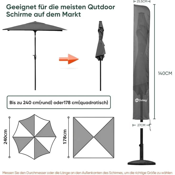 Sekey Schutzhülle für Ø 200 cm / 200 cm × 150 cm / 200 cm × 125 cm Sonnenschirm, Abdeckhauben für Sonnenschirm, 100% Polyester, Wasserdicht & UV-Beständig – Bild 2
