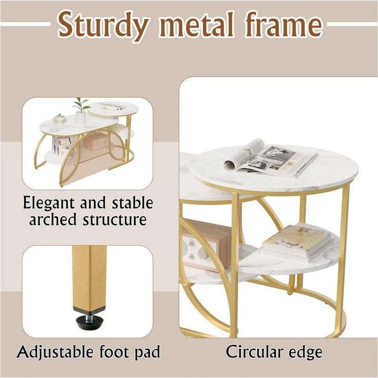 FUROKOY Couchtisch Beistelltisch Sofatisch wohnzimmertisch kaffeetisch 2er set (Runder Tisch Oval), Modern design Couchtisch mit gold beinen,Marmoroptik,Gold + Weiß – Bild 3