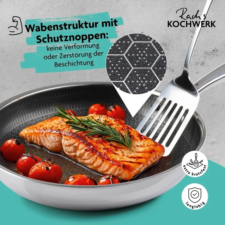 Rachs KOCHWERK Bratpfanne Edelstahl-Pfanne 24cm mit Wabenstruktur, Antihaft-Effekt Induktionsherd Keramik Gas Elektro Infrarot hoher Rand – Bild 3