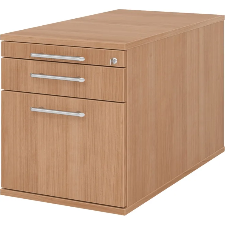 bümö Rollcontainer mit Hängeregister für Hängeordner, Container abschließbar in Nussbaum - Rollwagen mit Hängeregistratur als Schreibtisch Unterschrank od. Bürocontainer m. Relinggriffe, TC20-N-N-RE