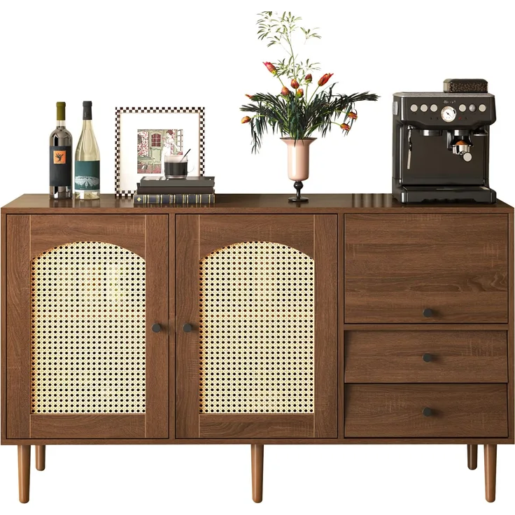 Abrihome Sideboard im Landhausstil mit Rattantüren, Braun, 75x40x130 cm