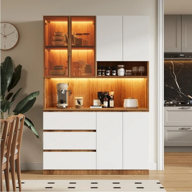 Celya Küchenbuffet Küchenschränke, Küchenvitrinen mit LED-Beleuchtung (mit 3 Schubladen, 6 Türen und Ablagebrettern) ideal für den täglichen Einsatz in Küche, Esszimmer oder Wohnbereich – Bild 1