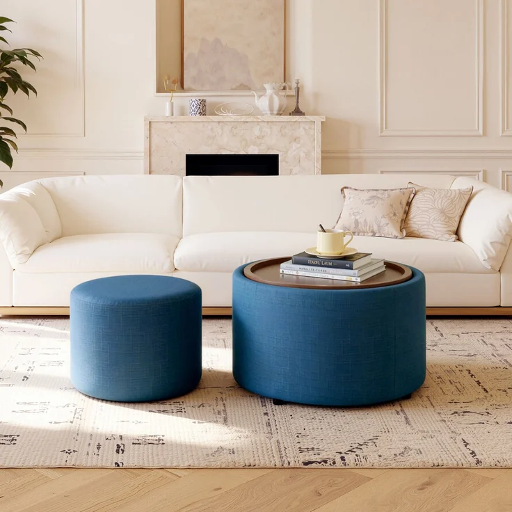 Ball & Cast 2er-Set Nesting-Hocker mit Stauraum, Fußhocker mit Leinenbezug und Holzablage, 58 cm runder Couchtisch & Bank, Blau--Blau--59.6x59.6x38cm--YOUDENOVA – Bild 6