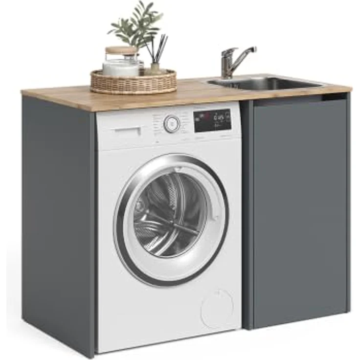 Vicco Waschmaschinenumbauschrank Viktor, Anthrazit/Goldkraft Eiche, 113.6 x 88.2 cm mit Spüle und Armatur – Bild 6