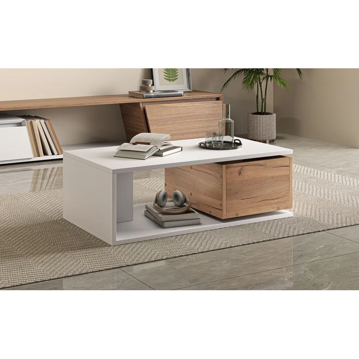 Couchtisch, MDF mit 1 Schublade & 360° Drehfunktion, 90x50x30 cm, Weiß + Holzfarbe – Bild 4
