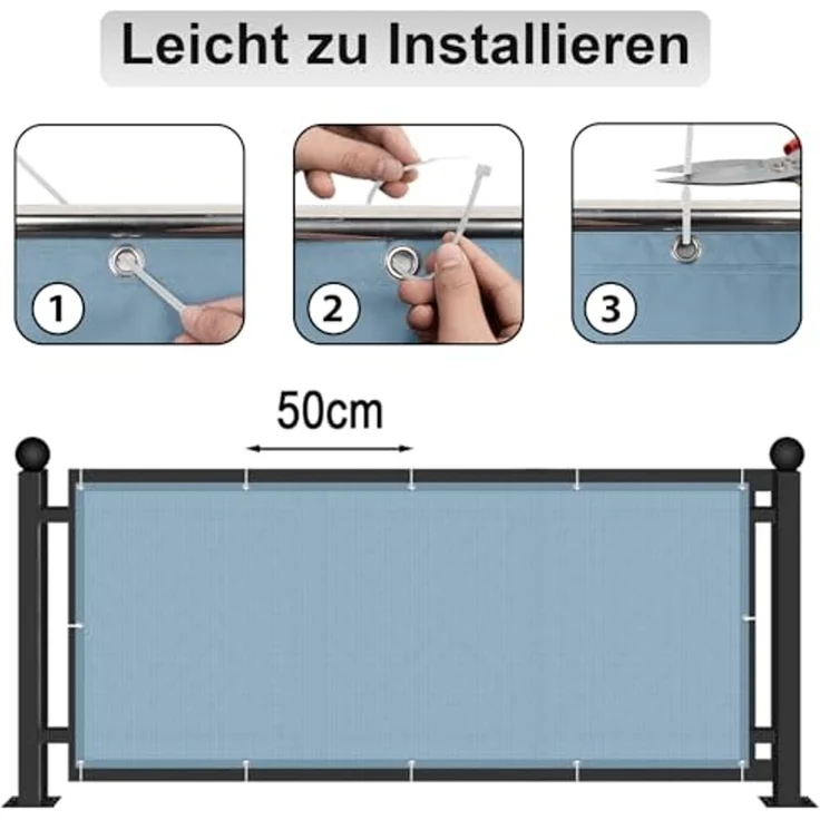 AXT SHADE Balkon Sichtschutz Wetterfest 90x600 cm Balkonverkleidung Balkonabdeckung Balkonbespannung Blickdichte Windschutz und UV-Schutz mit Kabelbinder für Balkongeländer-Graublau – Bild 6