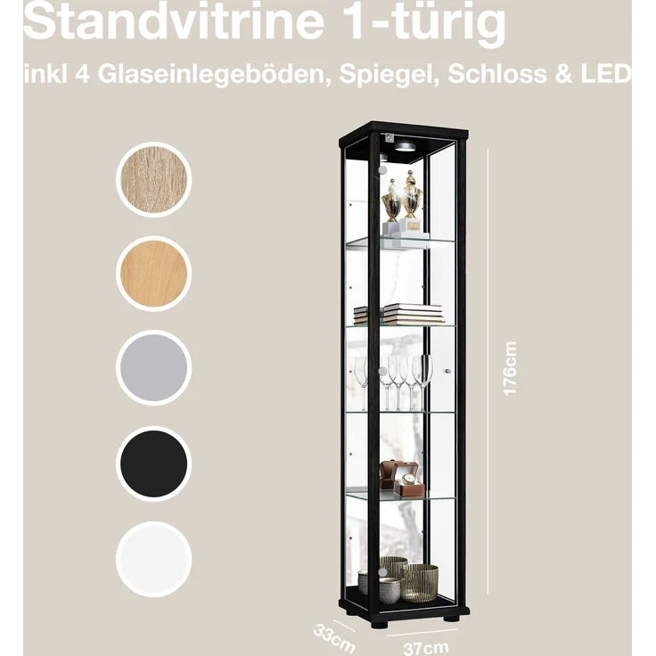 K-Mbel Sammlervitrine (176x37x33cm) - Made in Germany - Vitrinenschrank Schwarz mit 4 hhenverstellbaren Glasbden, Spiegel, Schloss & LED - Glasvitrine Stehend - Display Cabinet – Bild 3