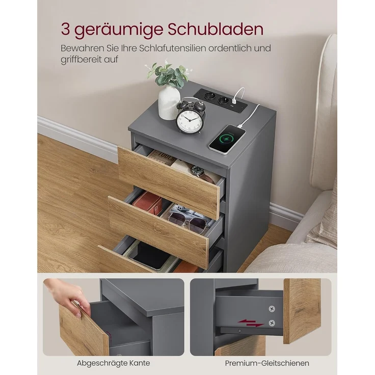 VASAGLE Nachttisch mit Steckdosenleiste, 2er Set, Beistelltisch, 3 Schubladen, 2 AC-Steckdosen, 2 USB-A-Anschlüsse, Wohnzimmer, Schlafzimmer, Arbeitszimmer, modern, schiefergrau-naturbraun LET831G01 – Bild 6
