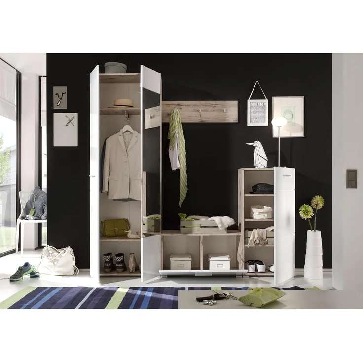 Stella Trading Sixx Flurgarderoben Set in Weiß Hochglanz/Sandeiche Optik - Moderne Kompaktgarderobe 4-teilig für Ihren Eingangsbereich - 195 x 195 x 36 cm (B/H/T) – Bild 4