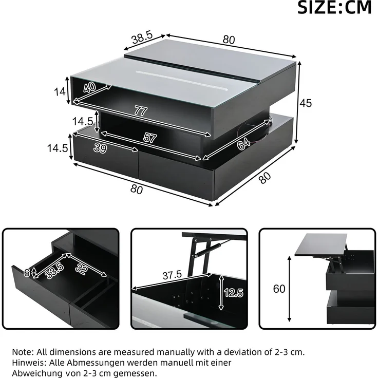 Abrihome Couchtisch mit 360° drehbarer Tischplatte und Anhebbarer, Schwarz, 45x80x80 cm – Bild 8