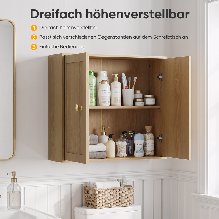 Badezimmer-Wandschrank 61,5 x 20 x 56 cm aus MDF und Spanplatte, Eiche, mit 2 Türen – Bild 5