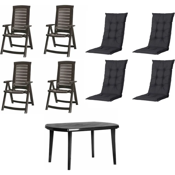 SET Aruba 4 x Klappsessel graphit, 1 x Tisch graphit, 4 x Auflage black