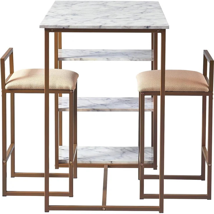 Teamson Home Marmo 3-Stücke Frühstücks-Ess-Set, Bartisch und 2 Gepolsterte Hocker mit Stauraum, Tischplatte aus Weißem Marmor und Beine in Gold-Messing-Finish – Bild 6