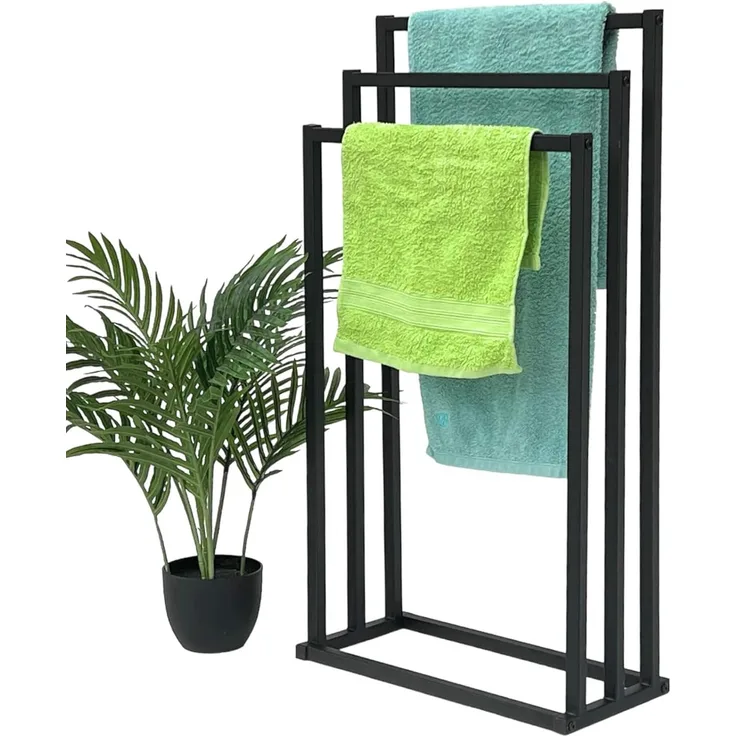 DanDiBo Handtuchhalter Stehend Schwarz Matt Metall KW449 3-armig Badetuchhalter mit 3 Handtuchstangen Badezimmer Badezimmermöbel Modern