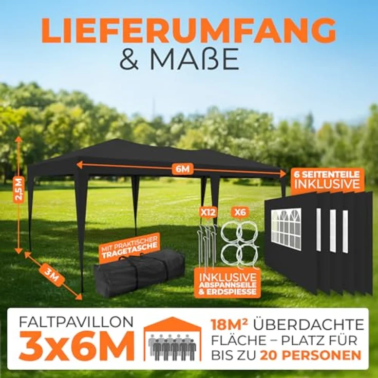Kronenburg Faltpavillon wasserdicht Pavillon mit 6 Seitenteilen, Gartenzelt, 3x6 m - mit UV Schutz 50+, Schwarz – Bild 3