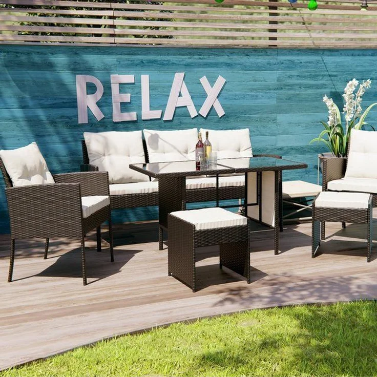 Swing&Harmonie Sitzgruppe Poly Rattan Sitzgarnitur Sydney Esstisch Lounge, (Gartenmöbel Garten-Garnitur Set, 1x Tisch + 2x Stühle + 1x Sitzbank + 2x Hocker) – Bild 4