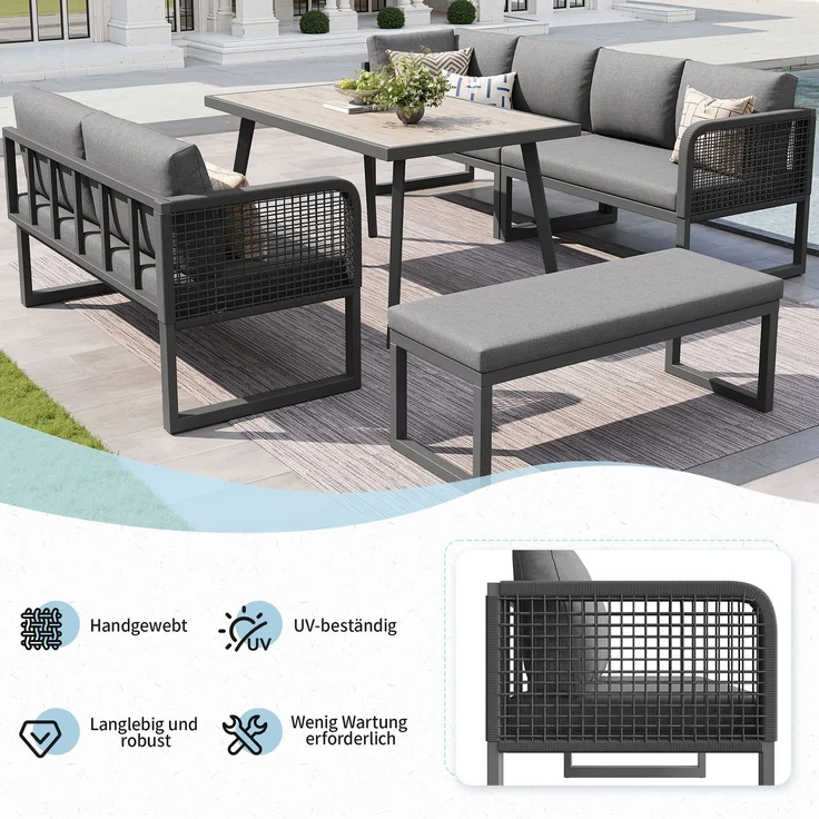 Merax Gartenmöbel Set mit Sitzkissen & Rückenkissen, Garten-Lounge-Set, Garten Loungesessel für 6-8 Personen, SetHandgeflochtene PE-Rattan Polstergruppe, Grau – Bild 5