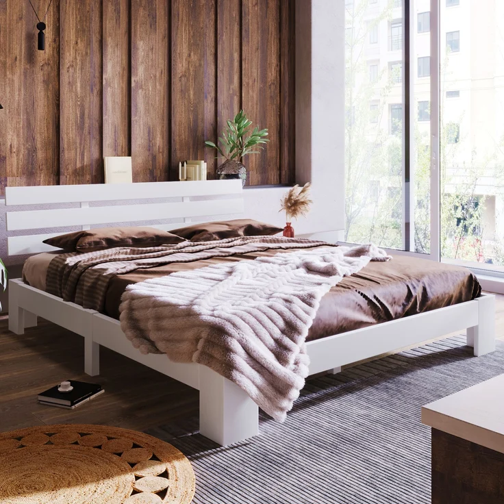 Holzbett Massivholz mit Lattenrost, 140x200 cm, Weiß, ohne Matratze – Bild 7