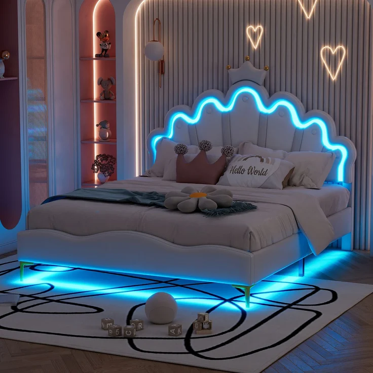 140*200cm Flaches Doppelbett, kronenförmiges Prinzessinnenbett, weiche Polsterung aus PU-Leder, verstellbarer LED-Umgebungslichtstreifen, weiß – Bild 4